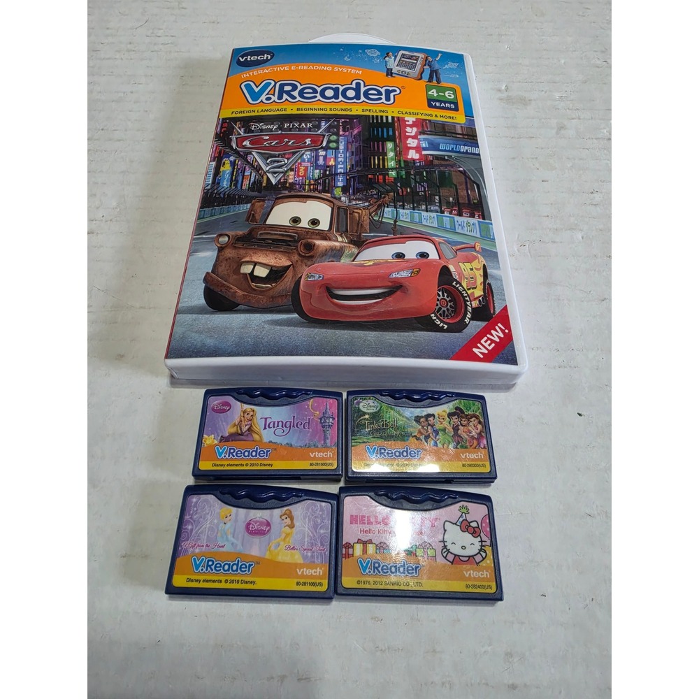 Vtech V.Reader Cartridge 5 Games Disney Cars 2 Tangled Hello Kitty Tinker Bell